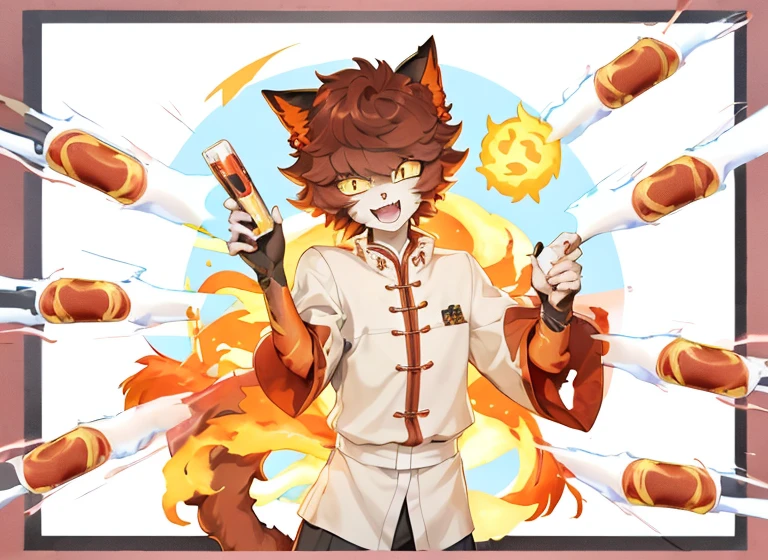 There is a picture of a cat,There is fire on it, anime cat, nine tails, Melt into Vulpix, blazing infero, by Shitao, angry cat, sun wukong, fire lion, Fire type, By Xinyi, Chiba Yudai, furry anime, author:Master Kanwen