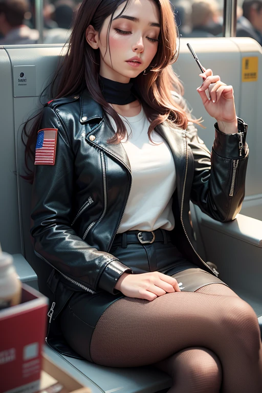 1 beautiful woman, dressed in sexy clothes, painted eyelids, white shirt, leather jacket, closed eyes, long eyelashes, made-up face, sleeping with her mouth open, sleeping sitting on the train seats, 