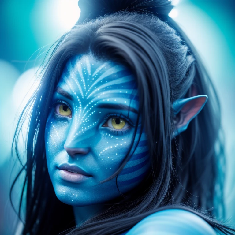 avtr:1.1, avatar style, portrait:1.6, 1girl, female, (blue skin tone:1.0), (long hair:1.0), dark brown hair color:1, 18 years old:1, face wrinkles, wearing tribal clothing, wearing a top, detailed eyes, toned body, muscled body, vibrant colors, glowing, ethereal atmosphere, surrealistic dreamy lighting, textured skin, otherworldly beauty, mesmerizing photography, (best quality, highres), vivid colors, ultrarealistic, skin details, striped skin, sfw, face close-up:0.5, ultradetailed body