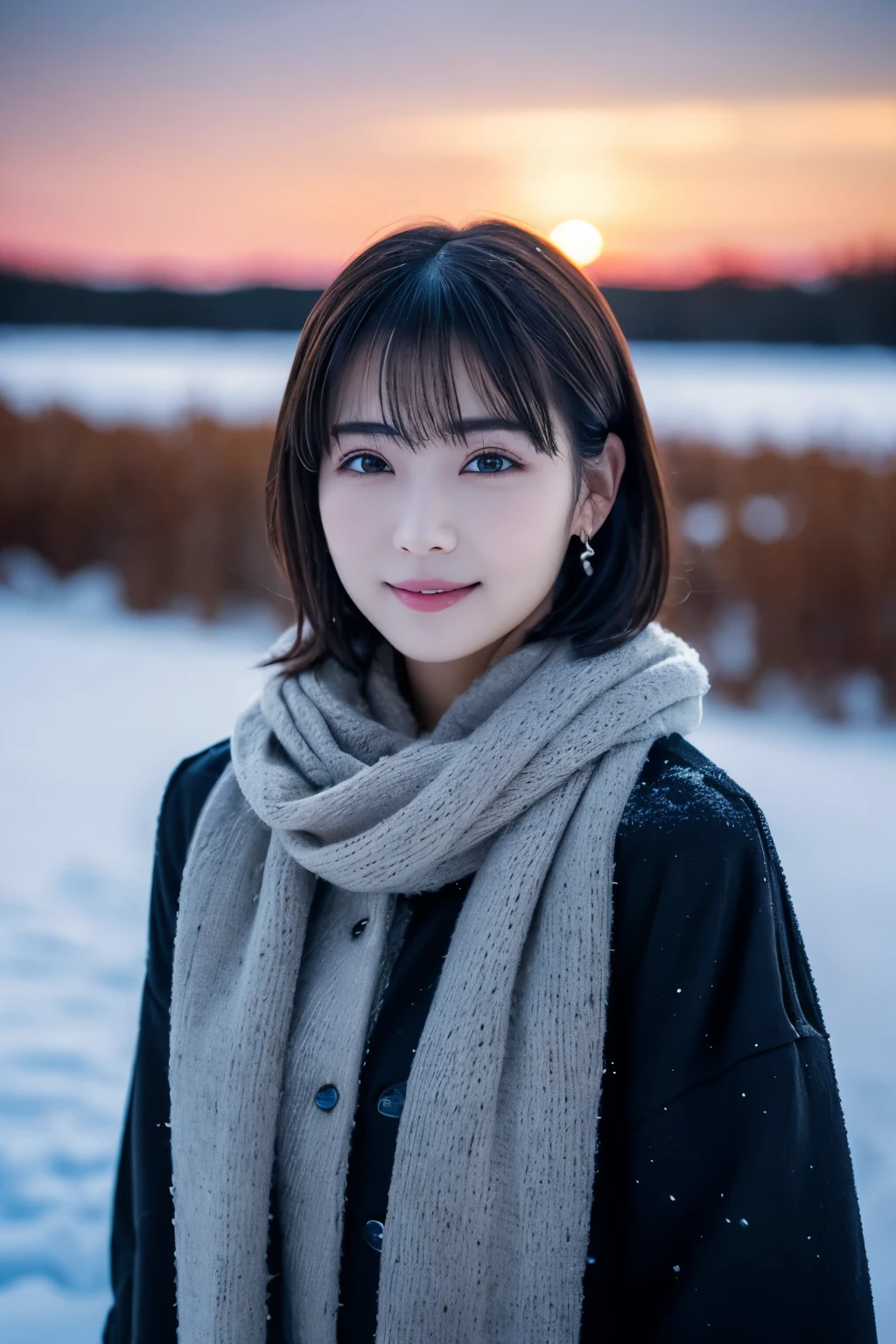 1 girl, (winter clothes:1.2), beautiful japanese actress, 
photogenic, Yukihime, long eyelashes, snowflake earrings,
(Raw photo, best quality), (Reality, photorealistic:1.4), (muste piece), 
beautiful detailed eyes, beautiful detailed lips, highly detailed eyes and face, 
BREAK is
 (Frozen snow field in winter Lapland), (The last vestiges of the twilight sky:1.4), 
ethereal beauty, snow covered tree, powder snow, 
Snowy field landscape at dusk, 
Indigo and dark vermilion color scheme, dramatic writing, fantastic atmosphere, 
BREAK is 
Perfect Anatomy, whole body slender, small breasts, (short hair:1.3), angel&#39;s smile, 
crystal-like skin, make eyes clear, catch light