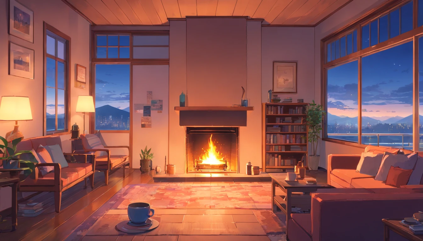 Fireplace at nightfall, chats qui dorment, A cup of steaming tea, Panoramic windows