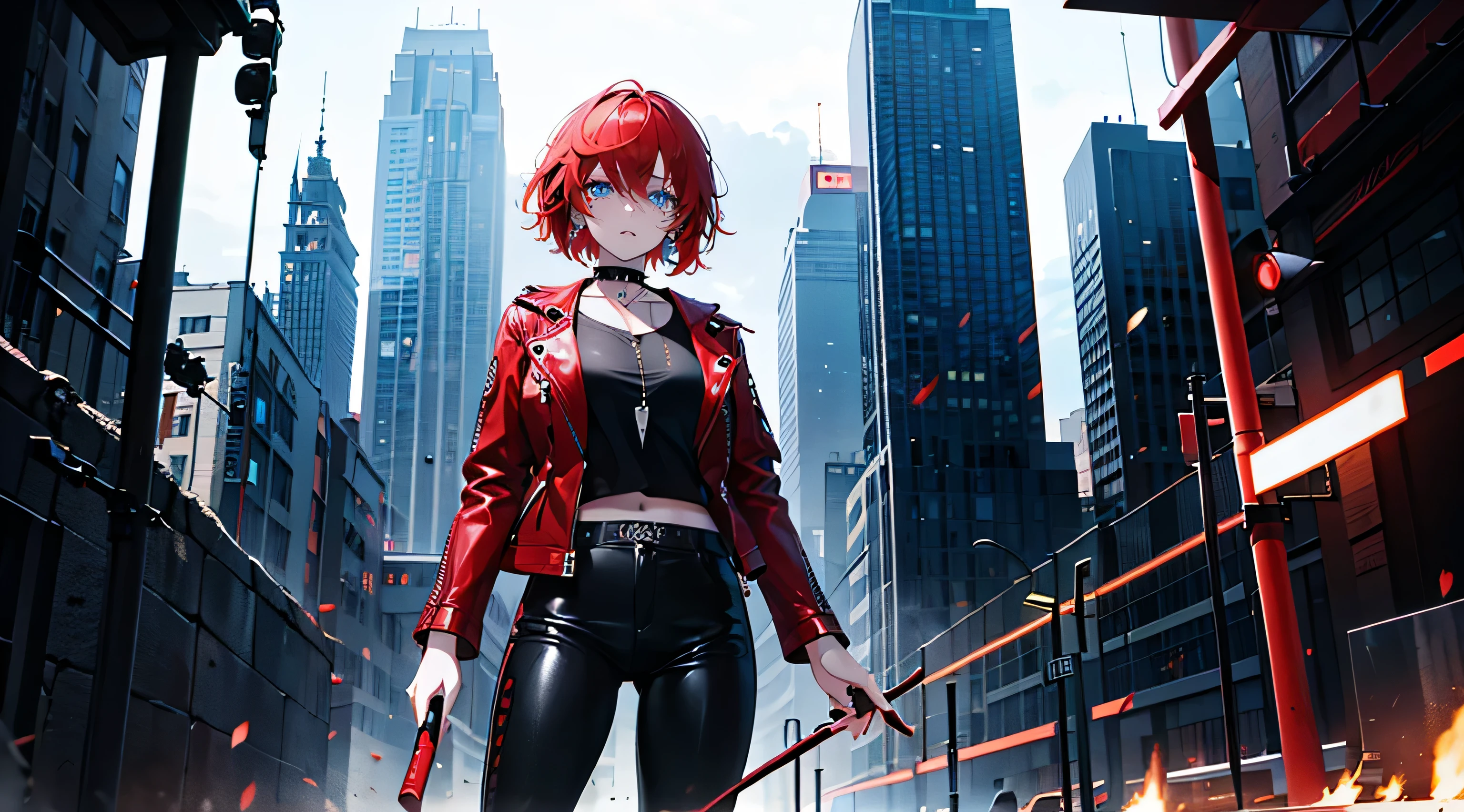 a pale girl, pelo rojo corto y puntiagudo y flequillo, chaqueta de cuero roja y camisa negra debajo, pantalones negros, botas negras y rojas, Gothic Accessories, Choker with spikes, two vertical tattoos of black tears in her eyes, expresivos ojos azules, imponente, intenso, dramatic, Imagen 1:3, mirando al espectador, Cabezal de enfoque, attention-grabbing, elegante, de pie, estilo de portada:1.3, absurdos, cara perfecta, obra maestra, moda, Moderno, frente al espectador, 8k, High Definition