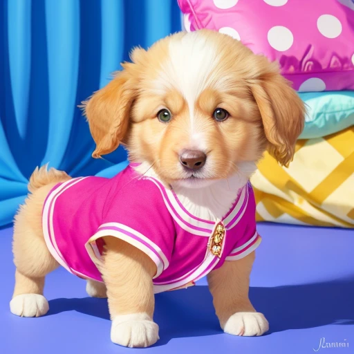 Baby collie or border collie, Golden Retriever, ((wearing clothes from the Character Jeannie is a genius, usando roupas da moda , wearing Arabic dancer clothes)), dog making a mess in the house, puppy dog tearing up pillow, bedsheet, dog biting shoe. Dog in a championship for the best pet in the world.