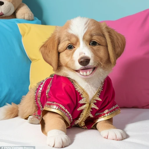 Baby collie or border collie, Golden Retriever, ((wearing clothes from the Character Jeannie is a genius, usando roupas da moda , wearing Arabic dancer clothes)), dog making a mess in the house, puppy dog tearing up pillow, bedsheet, dog biting shoe. Dog in a championship for the best pet in the world.