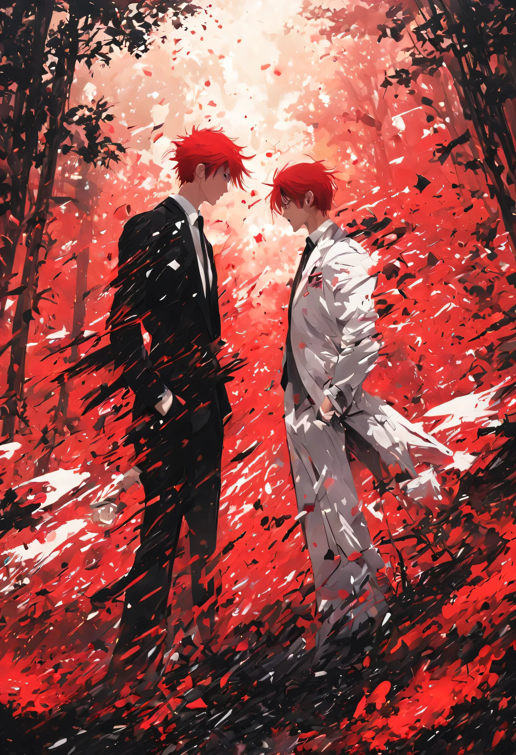 masterpiece, concept art, panoramic, illustration, wide shot, (((((2men, red hair, suit, black suit, white suit, facing each other, twins))))), Forest, Red forest, Blood Forest, (epic composition, epic proportion), dynamic lighting, vibrant color, from side, Makoto shinkai