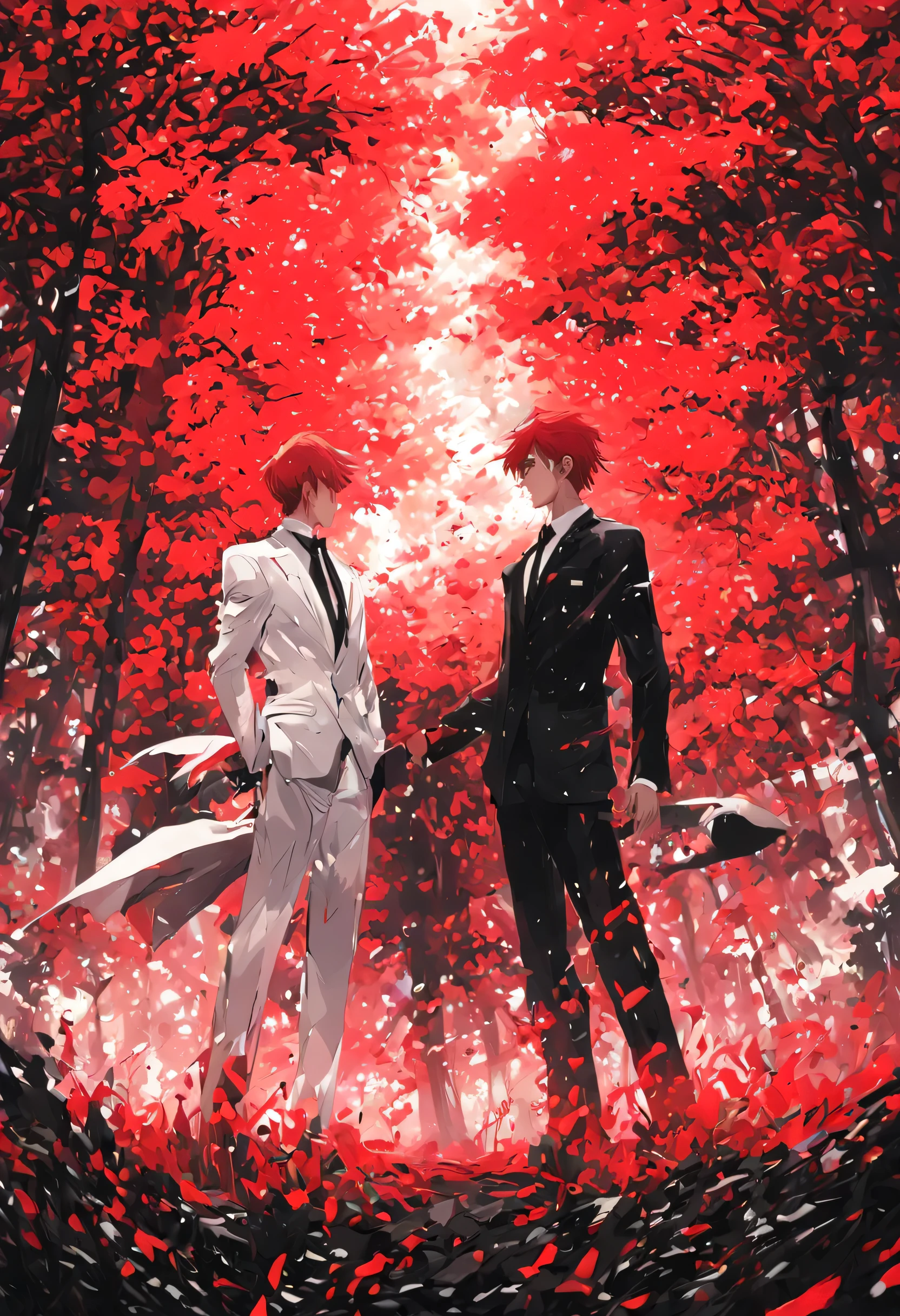 masterpiece, concept art, panoramic, illustration, wide shot, (((((2men, red hair, suit, black suit, white suit, facing each other, twins))))), Forest, Red forest, Blood Forest, (epic composition, epic proportion), dynamic lighting, vibrant color, from side, Makoto shinkai