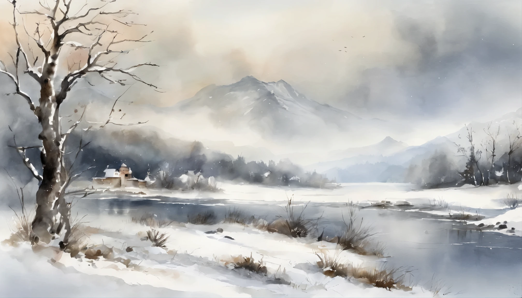 ink wash style,winter day、lakes、snow mountains、The tree、grassy fields、Rochas、hot onsen、hydrosphere、(illustratio:1.0)、Epic composition、Realistic lighting、high definition detail、tmasterpiece、Best quality,(非常详细的 CG 统一 8k 壁纸)