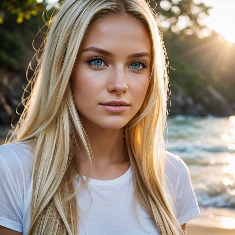 "A photorealistic portrait of a 25-year-old American girl with long, flowing blonde hair and striking blue eyes, Wearing white t-Shart. She should have a natural, approachable expression and be illuminated by soft, golden-hour sunlight. The background should be a scenic outdoor setting, perhaps a sunlit beach. Capture this image with a high-resolution photograph using an 85mm lens for a flattering perspective."