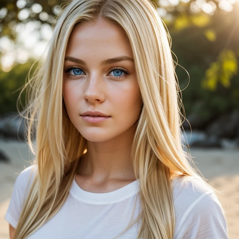 "A photorealistic portrait of a 25-year-old American girl with long, flowing blonde hair and striking blue eyes, Wearing white t-Shart. She should have a natural, approachable expression and be illuminated by soft, golden-hour sunlight. The background should be a scenic outdoor setting, perhaps a sunlit beach. Capture this image with a high-resolution photograph using an 85mm lens for a flattering perspective."