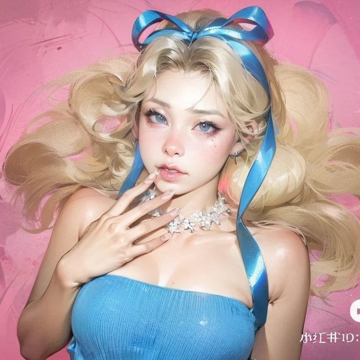 blond haired woman with blue dress and blue bow laying on pink bed, roseanne park of blackpink, belle delphine, aesthetic!!!!!! female genie, popular south korean makeup, lalisa manobal, portrait of jossi of blackpink, taejune kim, ulzzang, jaeyeon nam, ava max, plastic doll, popular korean makeup, doll face, jinyoung shin