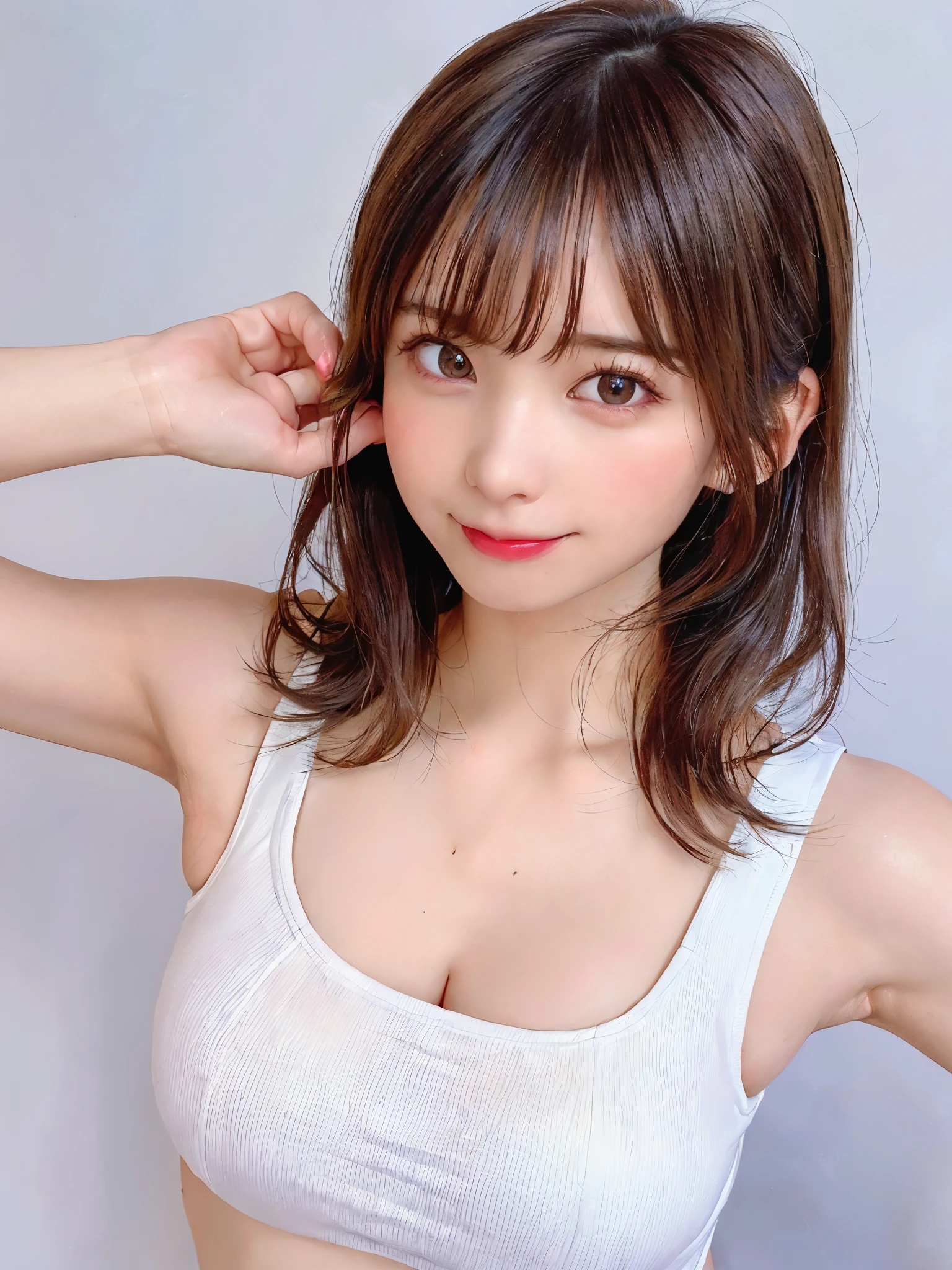 highest quality, realistic, 8K, High resolution, 1 girl, woman, (skin dents), (portrait:0.6), nice, ((white background, sport tank top, big boobs、Random hairstyles、looking at the viewer, (1 girl eyes looking at the viewer:1.6), realistic, (Bokeh), (A sloppy smile, closed mouth:1.3), nice, Pueros face_v1:1,