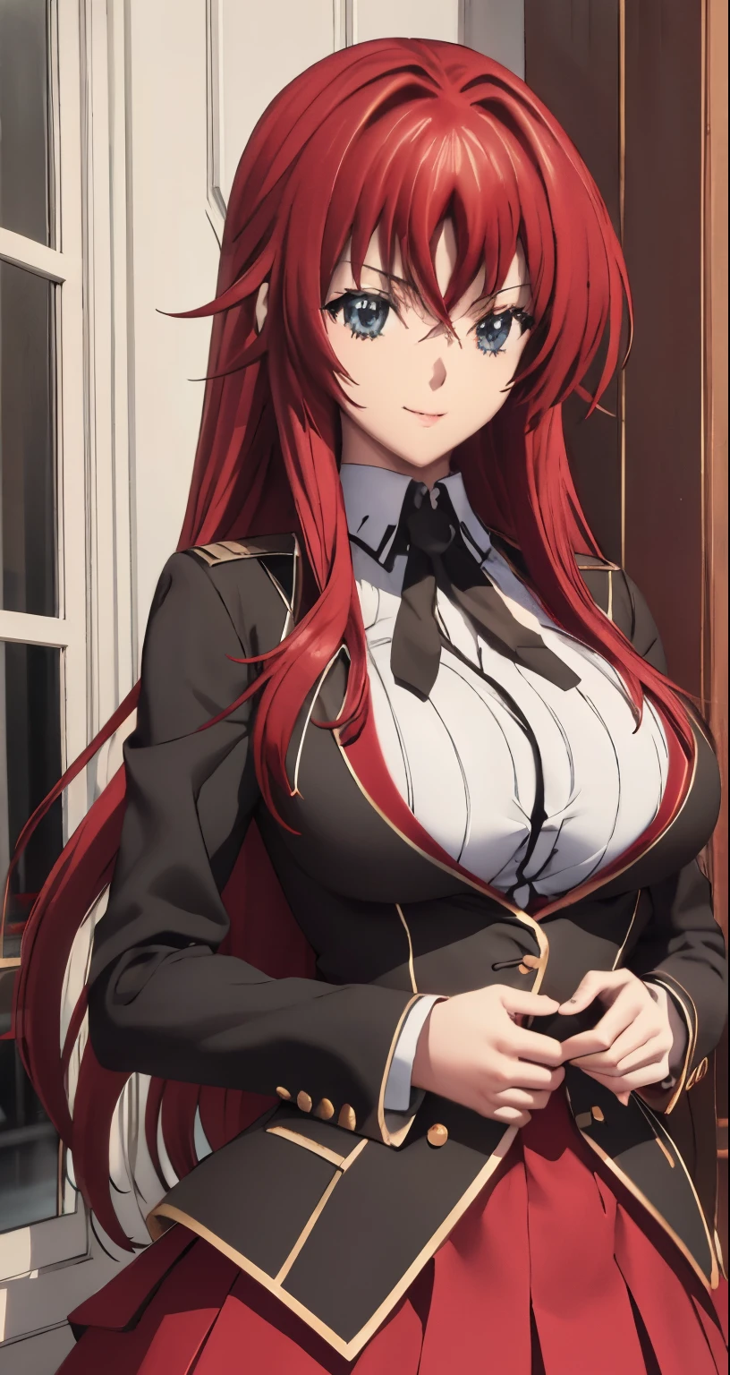 (((picture perfect))), (absurdres), 1girl, solo, rias gremory, school uniform, red skirt, looking at viewer, smile, (((upper body)))