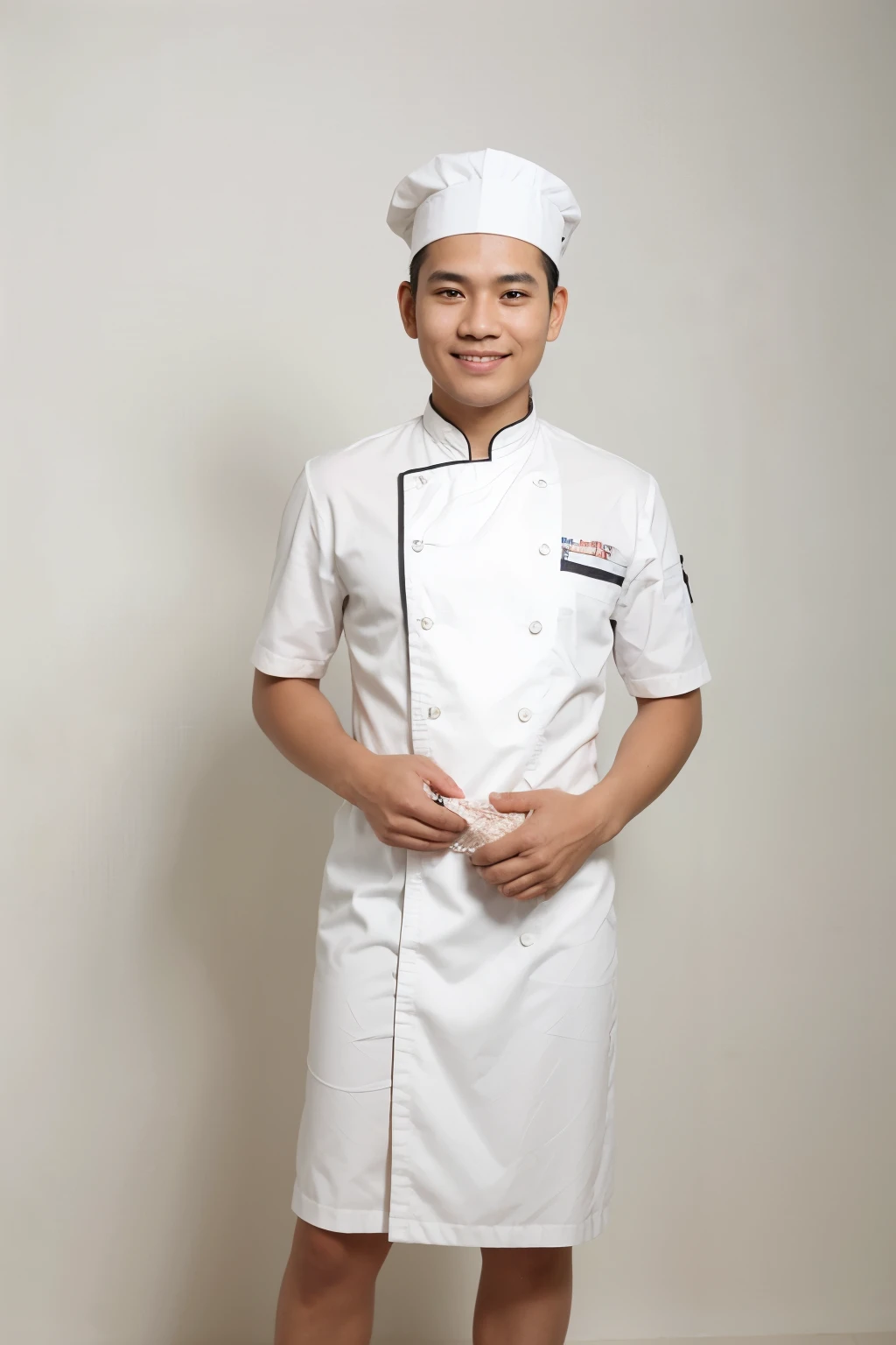 ((best quality)), ((masterpiece)), (detailed), 1 indonesian man chef, young, photography, front view, full body, white background, thumbs up, smile, realistic