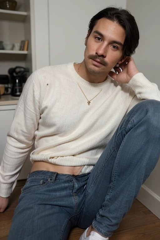 photo of a 34-year-old man, perfect face, masterpiece, White sweater, with a mustache, blue pants and combed black hair