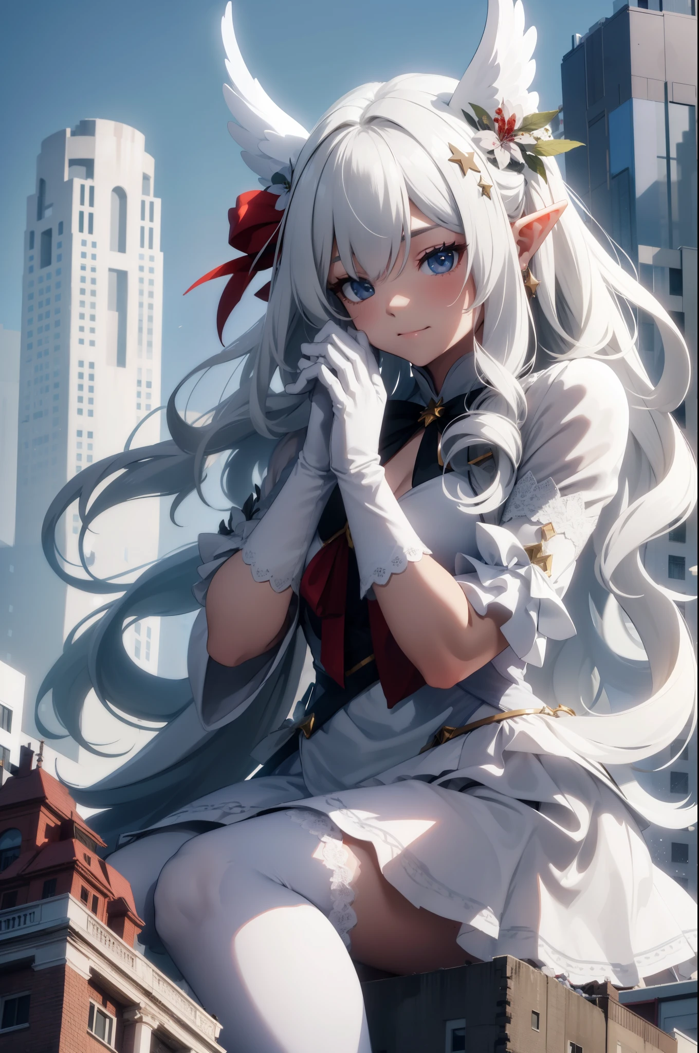 giant girl 50,000 feet high,Weight 1000kg,Has a pair of huge white angel wings,With huge devil horns on his head,crown on head,Elf wearing white earrings,She has long white hair that reaches her feet,loose hair,White wavy long curly hair,Wearing a pair of white boots,White lace gloves,White lace pantyhose,Pantyhose with bow and star decorations,白色蕾丝whole body,Standing upright on a small city,Beautiful appearance,Exquisite makeup,quality,8k,高quality,Perfect proportion, Cinema lighting,film grain,Fuji colors,8k,textured skin,Super details,high detail,high resolution,fake smile,blood stains,脚底有blood stains,whole body,Obese,feather,flowers,Sitting elegantly on a tall building,Touching face with hands