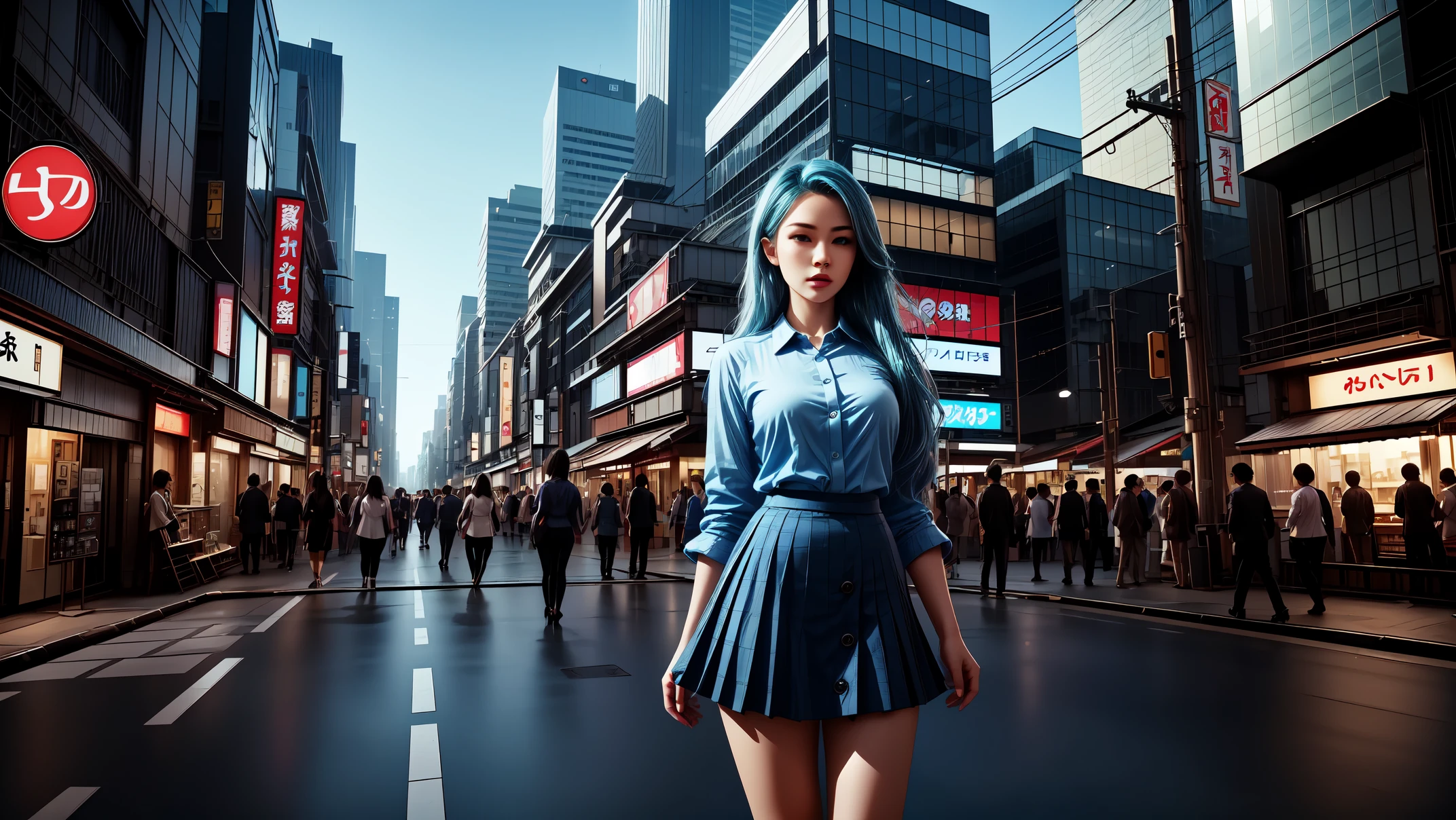 Masterpiece, Best Quality, 8K, Photographic Reality, Realistic, Octane Rendering, Bustling Urban Streets of Japan (1 Woman: 1.2), (Only One Woman on the Screen: 1.5), (lacy blue button Shirt), (Long azure Hair), (Hip Wrapped Skirt), (Blue Eyes), beautiful wrapped high heel pumps, Upper Body Display,(full body)