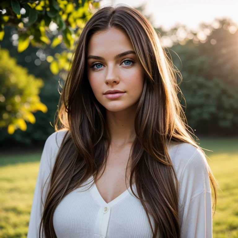 "A photorealistic portrait of a 25-year-old American girl with long, flowing brown hair and blue eyes. She should have a natural, approachable expression and be illuminated by soft, golden-hour sunlight. The background should be a scenic outdoor setting, perhaps a sunlit park or beach. Capture this image with a high-resolution photograph using an 85mm lens for a flattering perspective