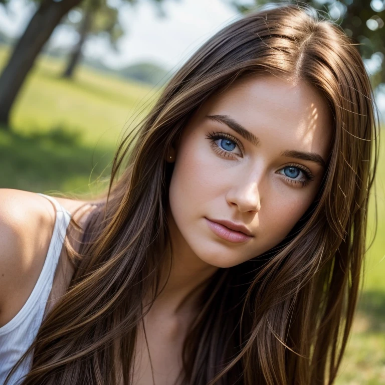 "A photorealistic portrait of a 25-year-old American girl with long, flowing brown hair and blue eyes. She should have a natural, approachable expression and be illuminated by soft, golden-hour sunlight. The background should be a scenic outdoor setting, perhaps a sunlit park or beach. Capture this image with a high-resolution photograph using an 85mm lens for a flattering perspective