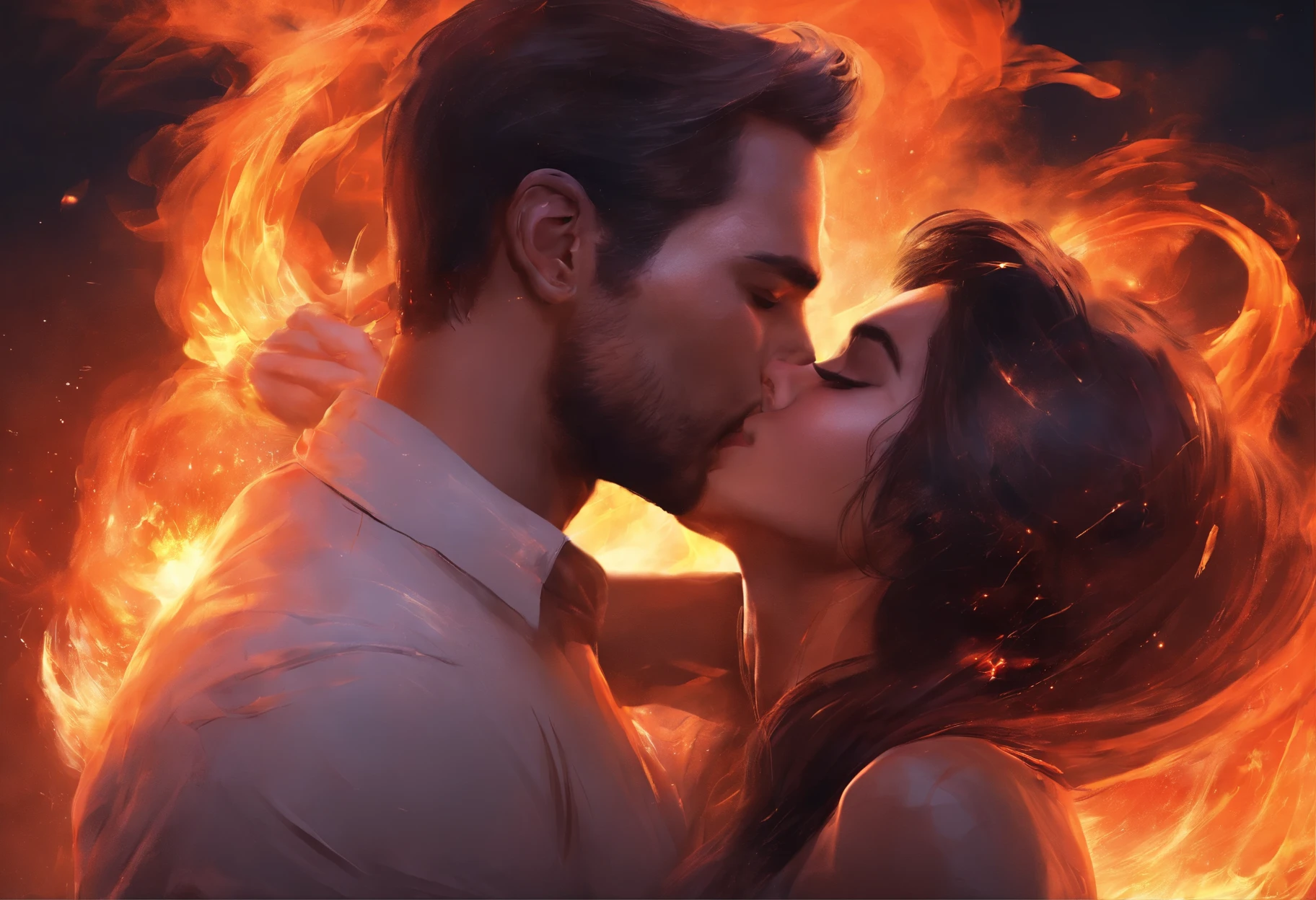 Guy and girl kissing, Passionate kiss, on fire, fantastic style, high quality skin and face texture, high detail, soft light