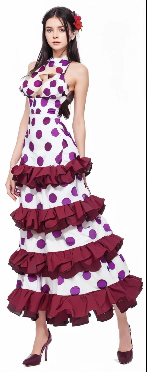 Girl, black hair, white dress, with purple dots, red in ends, high heels, big breasts, purple flower in hair