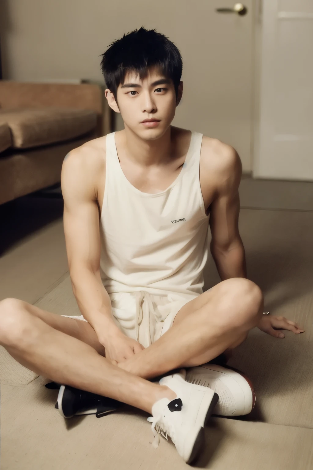 ((((super sharp focus)))), (hairy legs), toned legs, whole body, two block, messy shortt hair, long legs, Japan Male, 27 years old, wearing beige shorts, wearing a black T-shirt, very short hair, black hair,stand on one knee