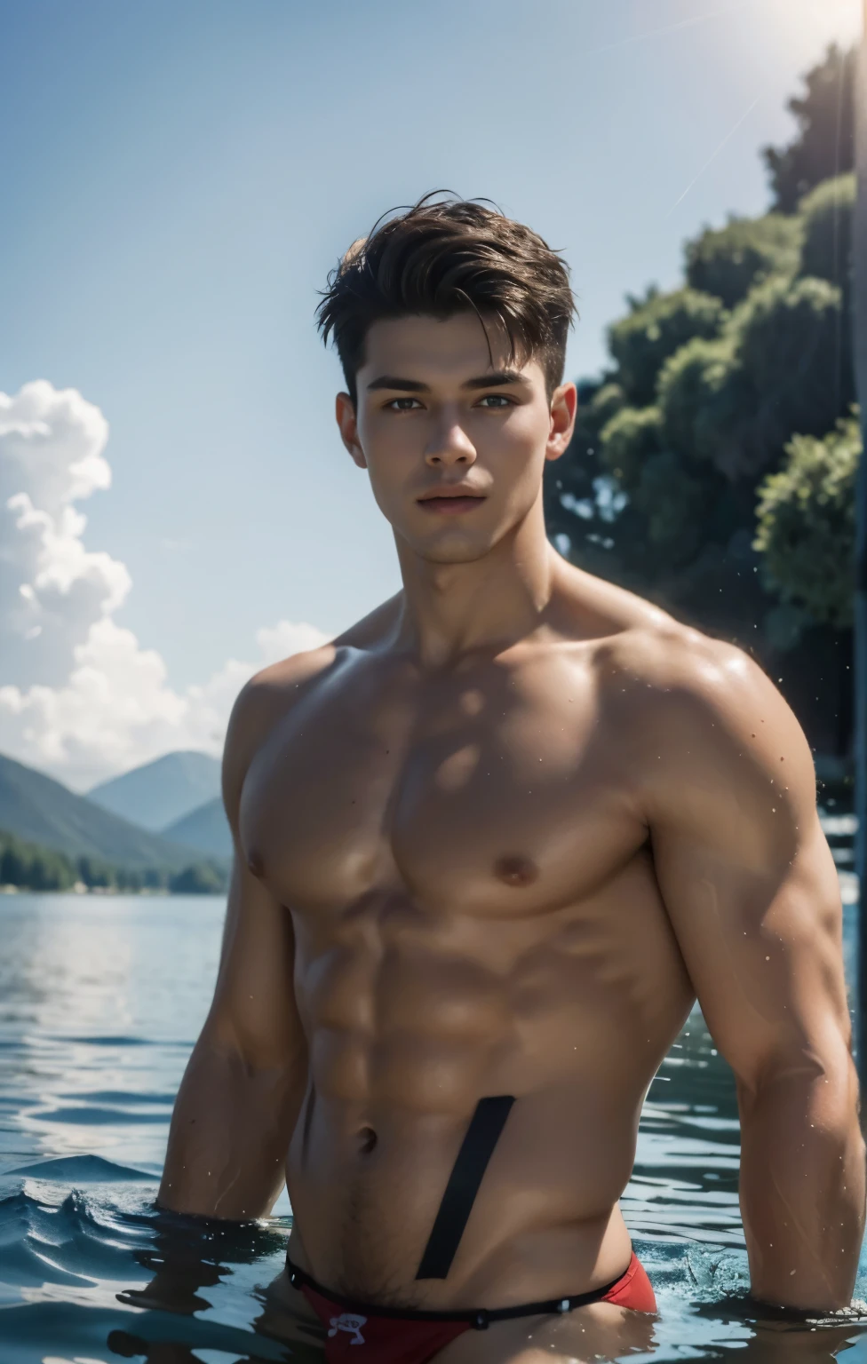 man in red micro thong standing in the water, a portrait by Alexey Venetsianov, shutterstock, fine art, artem, in a lake, male model, athletic tall handsome guys, in lake, in style of kyrill kotashev, body in water, perfect and proportional body, artem chebokha