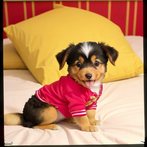 Baby yorkshire Terrier, collie or border collie with tongue out mouth open, Golden Retriever, ((wearing clothes from the Character Jeannie is a genius, usando roupas da moda , wearing Arabic dancer clothes)), dog making a mess in the house, puppy dog tearing up pillow, bedsheet, dog biting shoe. Dog in a championship for the best pet in the world.