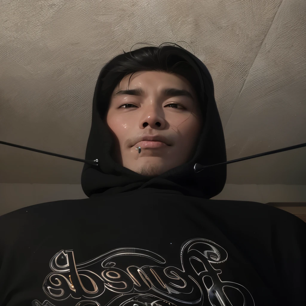 arafed man con una sudadera con capucha negra with a black umbrella, cuchilla del grupo de drenaje, with boca abierta, lengua fuera, Cara seria, cara de muy alta calidad, sin boca, foto de perfil 1024px, inspirado en jeonseok lee, con una sudadera con capucha negra, grueso, inspirado en Jang Seung-eop, Foto de cara centrada, boca abierta