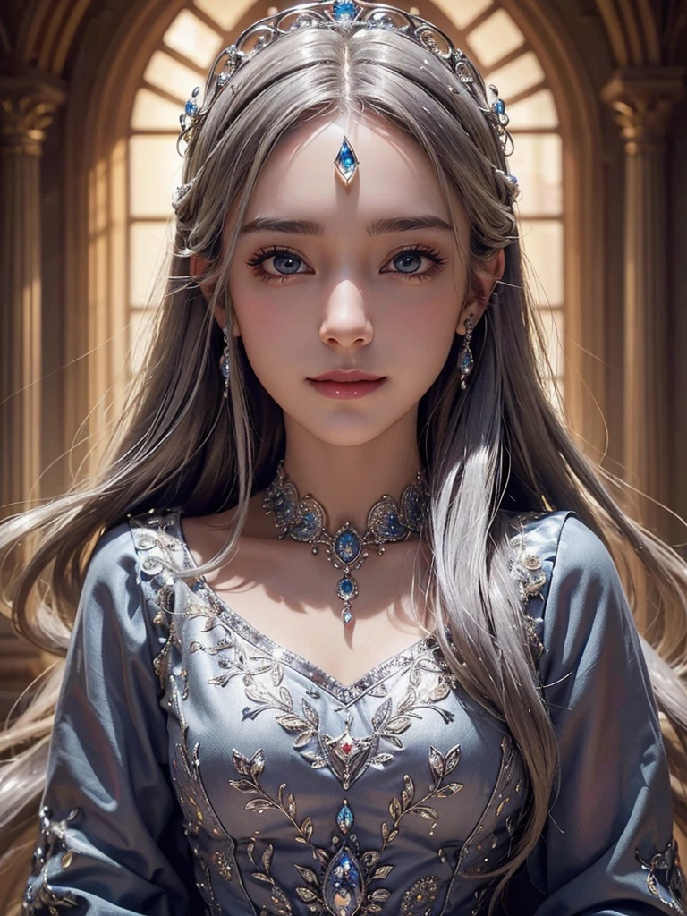 intricate detail, masterpiece, best quality, extremely detailed,cinematic lighting, beautiful detailed glow, finely detailed beautiful face and eyes, smile , long smooth shiny silver hair, Realistic lighting, pretty face , Body perfect anatomy,Top Quality, Top resolution, realistic , Cinematic, Aesthetic, beautiful girl , wearing a bejewelled tiara