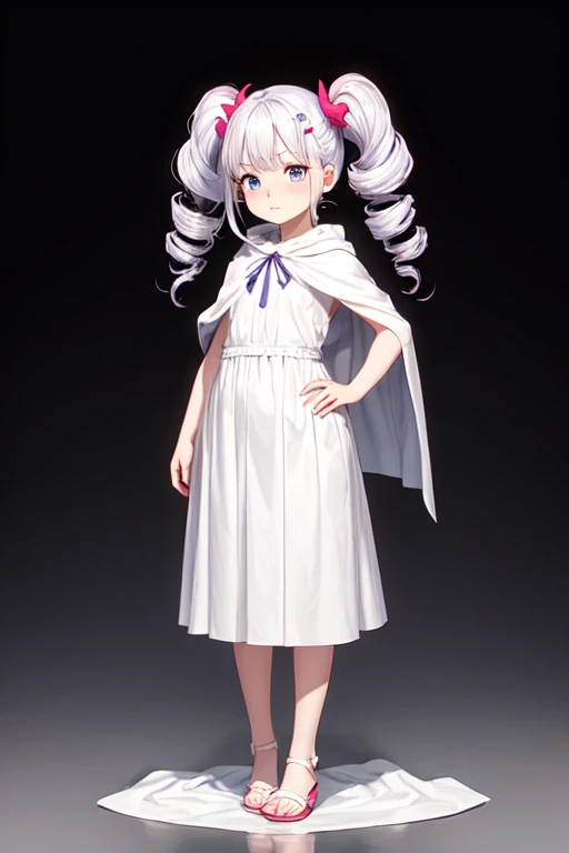 White world,Drill hair,short plain background,white cloak,white background,shy,white clothes,SD,low length,Chibiusa,,young girl,girl child,full body figure, (1 girl), beautiful and fine eyes,Looking straight ahead,close,lightly dressed,light purple hair,twin tail hair,Curly hair, white hair clip,one piece,long skirt