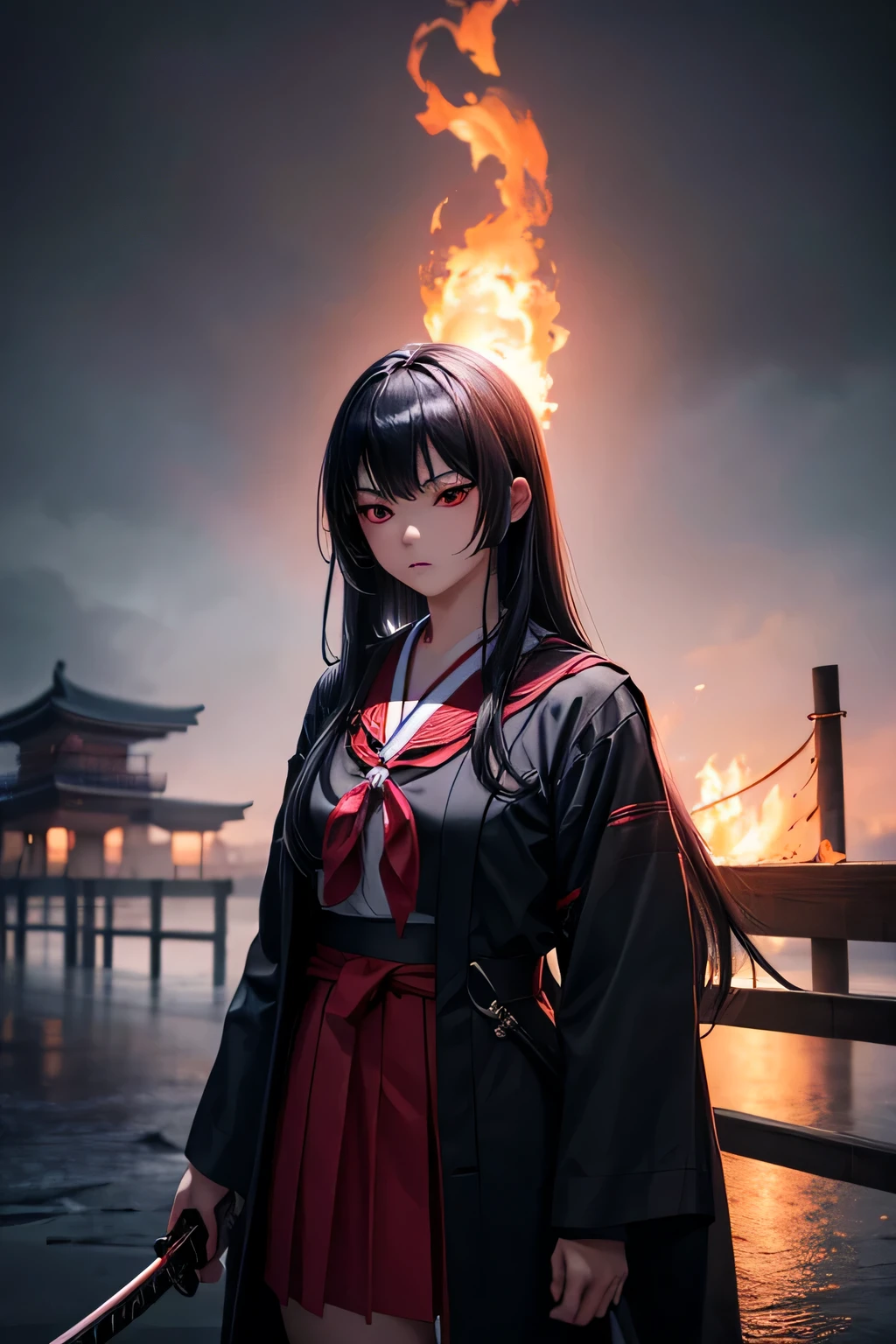1girl, japanese schoolgirl, she has straight long black hair, red eyes and and evil determined look. She wears a black and red modern japanese school uniform and a long black coat. Walking down the street. Holding a katana in the hand. The katana is covered by flames. vibrant appearance, creative behavior, imaginative, , spontaneous, , highest quality, skin texture, intricate details, (cinematic lighting), RAW photo, 8k, masterpiece,best quality,ultra-detailed,very detailed illustrations,extremely detailed,intricate details,highres,super complex details,extremely detailed 8k cg wallpaper