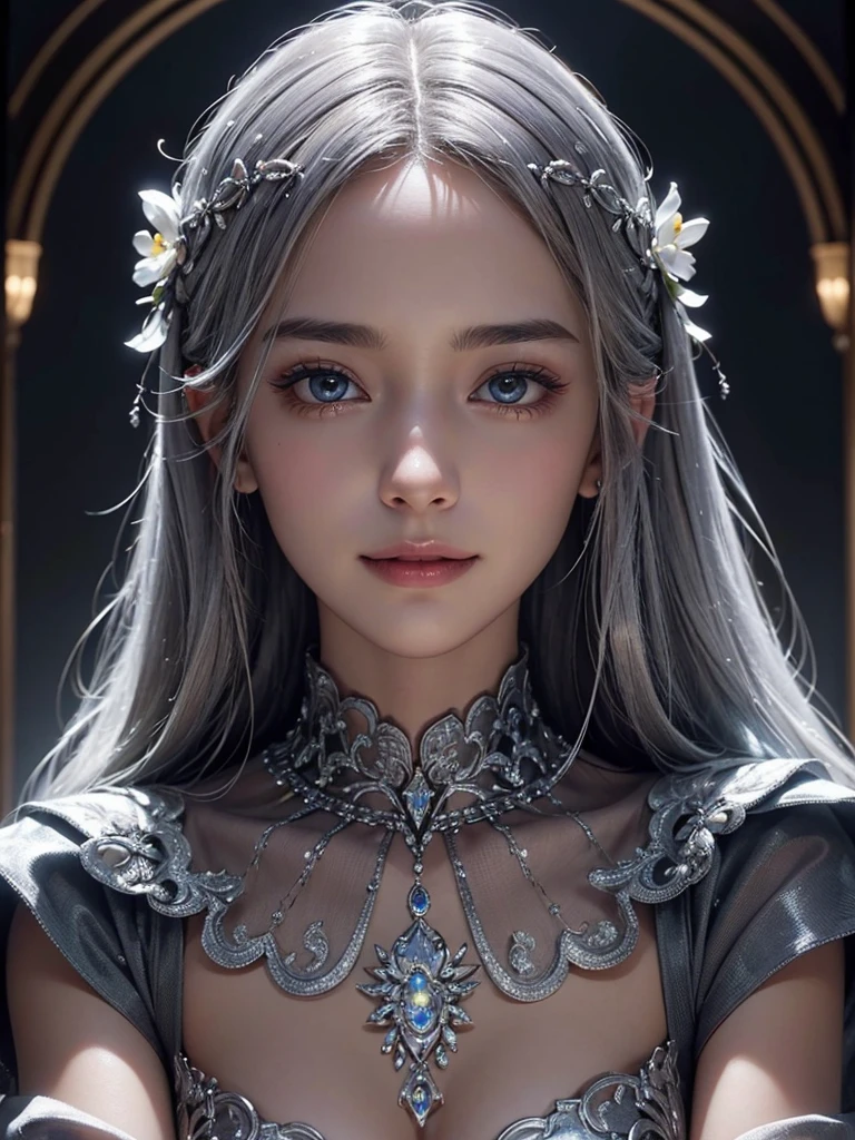 intricate detail, masterpiece, best quality, extremely detailed,cinematic lighting, beautiful detailed glow, finely detailed beautiful face and eyes, smile , long smooth shiny silver hair, Realistic lighting, pretty face , Body perfect anatomy,Top Quality, Top resolution, realistic , Cinematic, Aesthetic, beautiful girl ,