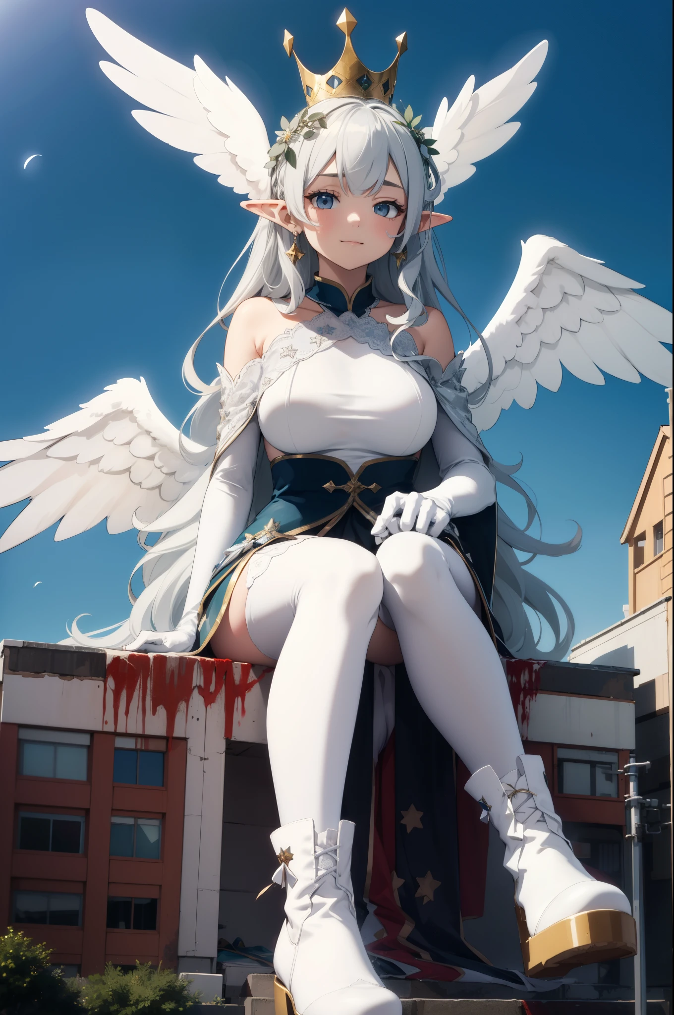 giant girl 50,000 feet high,Weight 1000kg,Has a pair of huge white angel wings,With huge devil horns on his head,crown on head,Elf wearing white earrings,She has long white hair that reaches her feet,loose hair,White wavy long curly hair,Wearing a pair of white boots,White lace gloves,White lace pantyhose,Pantyhose with bow and star decorations,白色蕾丝whole body,Standing upright on a small city,Beautiful appearance,Exquisite makeup,quality,8k,高quality,Perfect proportion, Cinema lighting,film grain,Fuji colors,8k,textured skin,Super details,high detail,high resolution,fake smile,blood stains,脚底有blood stains,whole body,Obese,feather,flowers,Sitting elegantly on a tall building,Touching face with hands