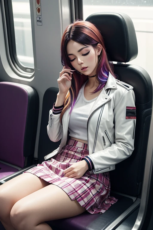 1 beautiful woman, lond hair,multicolored hair,dressed in sexy underwear 1piece, painted eyelids, white shirt, leather jacket, closed eyes, long eyelashes, made-up face, sleeping with her mouth open, sleeping sitting on the train seats, full body,skirt