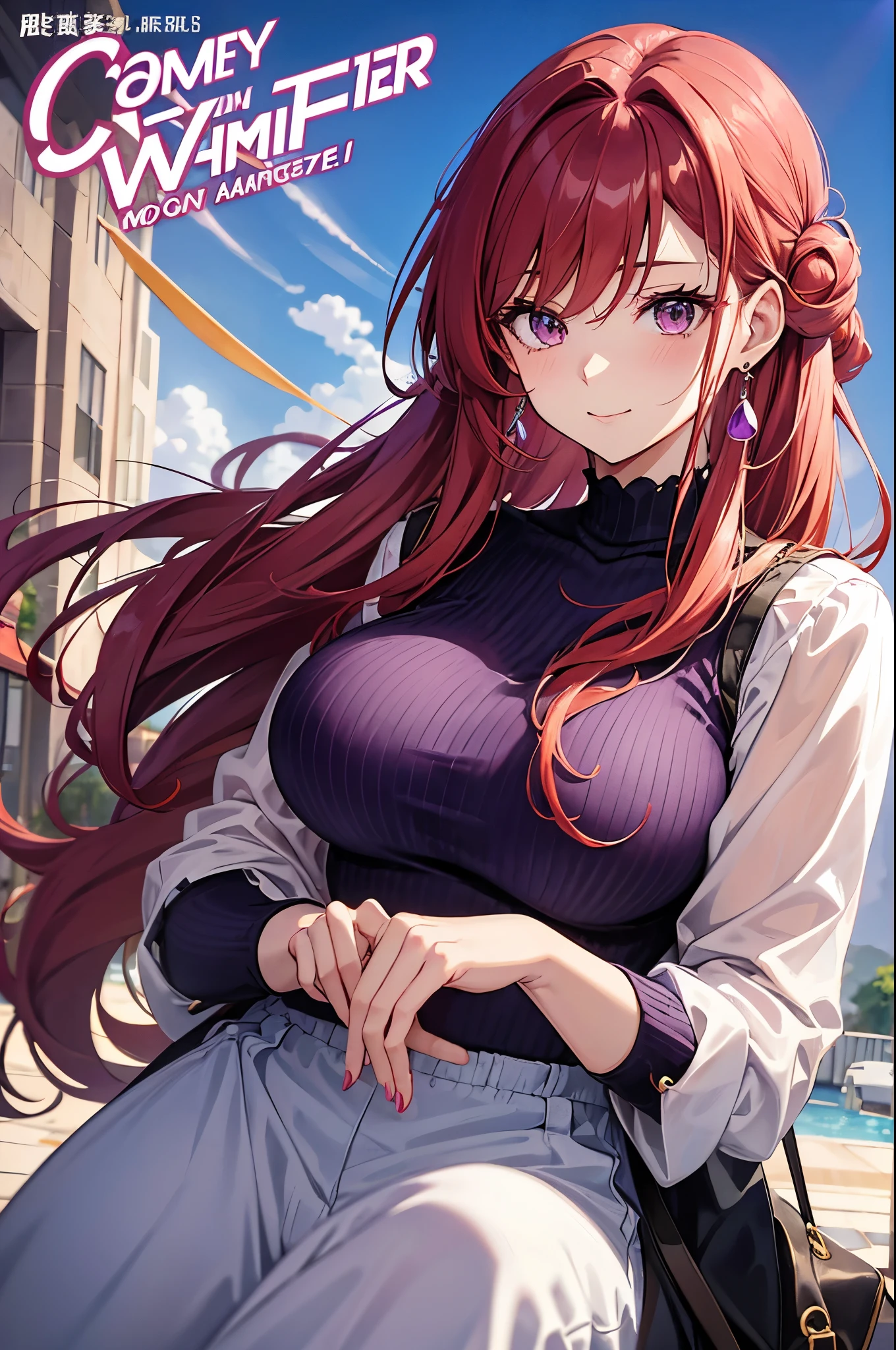 Cover magazine. anime, adult woman, middle aged woman, solo, long hair, red hair, purple eyes, woman, model, beautiful, Casual clothes. Hair accessories. Unusual hairstyles. Earrings. Greeting. Sharp ears. Big breast. Upper body. Beautiful anime art. Mommy. Onee-san. Soft smile. Cool woman. Dragon. Dragon horn.