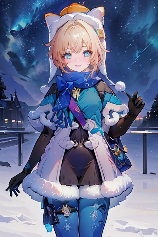 ((obra de arte,melhor qualidade)), high resolution, 1 garota, lince landau, White hat, luvas de cotovelo, blue scarf, blue pantyhose, botas, fogueira, starry sky, railing, sorriso, boca fechada, Agachamento,