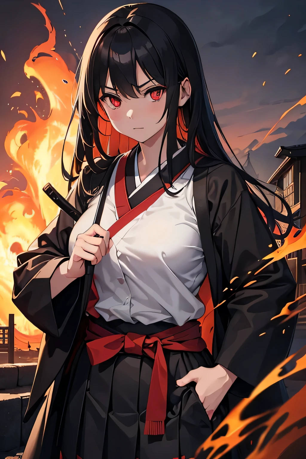 1girl, japanese schoolgirl, she has straight long black hair, red eyes and and evil determined look. She wears a black and red modern japanese school uniform and a long black coat. Walking down the street. Holding a katana in the hand. The katana is covered by flames. vibrant appearance, creative behavior, imaginative, , spontaneous, , highest quality, skin texture, intricate details, (cinematic lighting), RAW photo, 8k, masterpiece,best quality,ultra-detailed,very detailed illustrations,extremely detailed,intricate details,highres,super complex details,extremely detailed 8k cg wallpaper