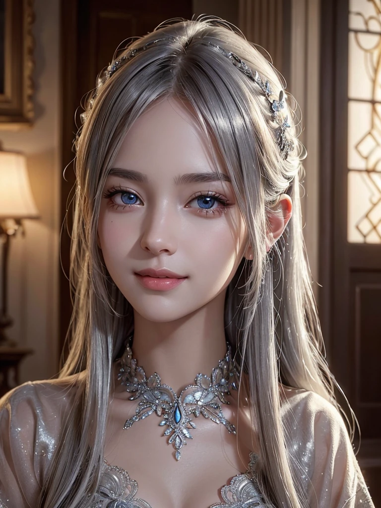 intricate detail, masterpiece, best quality, extremely detailed,cinematic lighting, beautiful detailed glow, finely detailed beautiful face and eyes, smile , long smooth shiny silver hair, Realistic lighting, pretty face , Body perfect anatomy,Top Quality, Top resolution, realistic , Cinematic, Aesthetic, beautiful girl ,