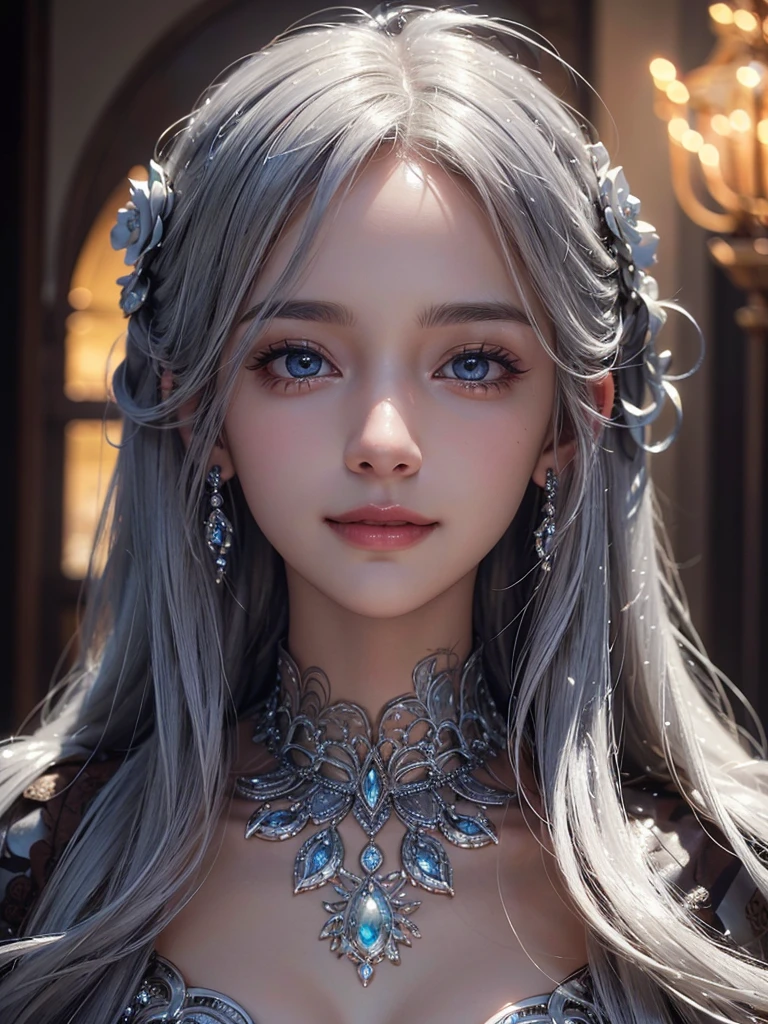 intricate detail, masterpiece, best quality, extremely detailed,cinematic lighting, beautiful detailed glow, finely detailed beautiful face and eyes, smile , long smooth shiny silver hair, Realistic lighting, pretty face , Body perfect anatomy,Top Quality, Top resolution, realistic , Cinematic, Aesthetic, beautiful girl ,