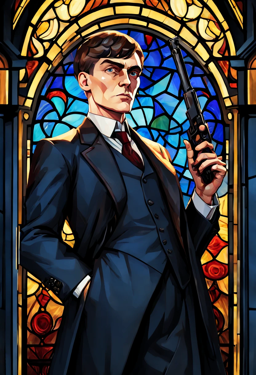 Thomas Shelby,stained glass front portrait,guns on the background,(best quality,4k,8k,highres,masterpiece:1.2),ultra-detailed,realistic portrait:1.37,portrait,dark and moody lighting,sharp focus,professional,vivid colors,bokeh,antique medium,breathtaking details,classic style,captivating expression,impressive mustache,focused blue eyes,strategic mindset,confident and charismatic aura,dapper suit and tie,1920s gangster vibe,striking gaze,haunting and mysterious atmosphere,subtle shadows,powerful presence,creativity in chaos,crime lord,ruthless yet charming,never backs down,image depth and richness,emotions captured,grim determination,gesture with a gun,Thomas Shelby's ambitious soul,longing for power and control,dramatic storytelling,character's complexity and depth,piercing through the stained glass design,gun smoke rising,feeling of tension and danger,contrasting elements,history and modernity blended into one,remarkable attention to detail