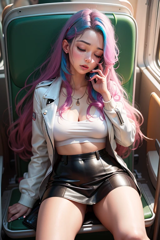 1 beautiful woman, lond hair,multicolored hair,dressed in sexy underwear 1piece, painted eyelids, white shirt, leather jacket, closed eyes, long eyelashes, made-up face, sleeping with her mouth open, sleeping sitting on the train seats, full body,skirt