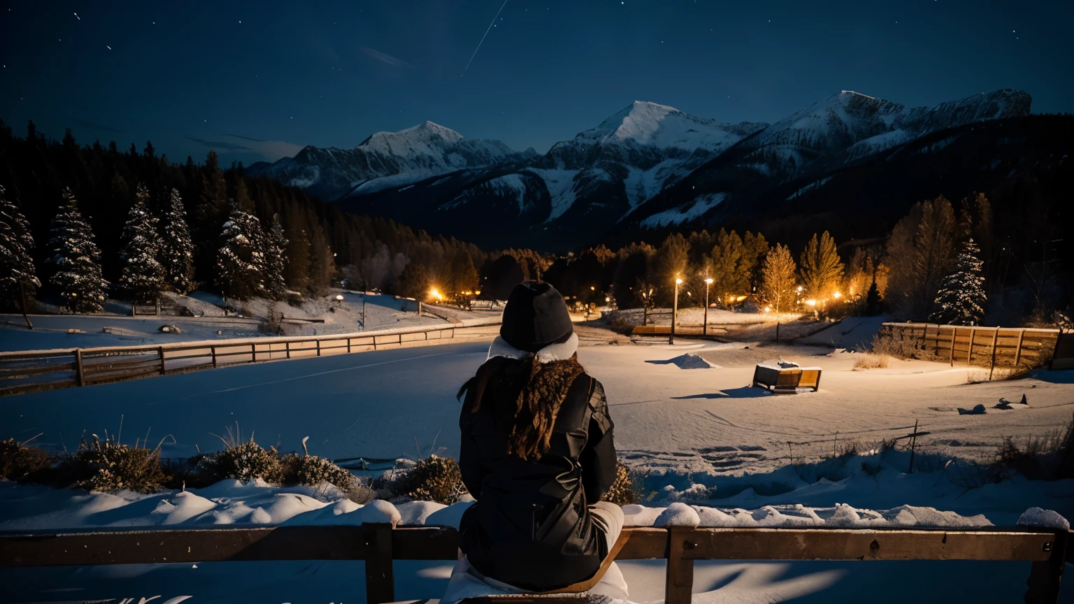 girl sitting on the fence. Winter night landscape
