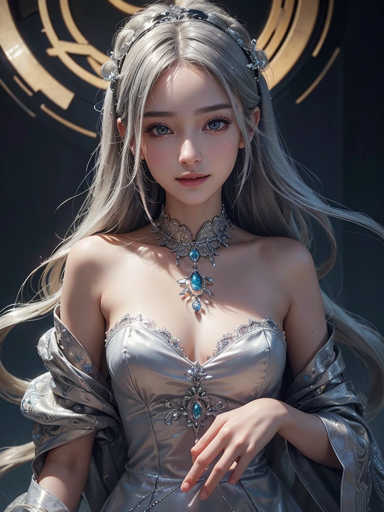 intricate detail, masterpiece, best quality, extremely detailed,cinematic lighting, beautiful detailed glow, finely detailed beautiful face and eyes, smile , long smooth shiny silver hair, Realistic lighting, pretty face , Body perfect anatomy,Top Quality, Top resolution, realistic , Cinematic, Aesthetic, beautiful girl , full body