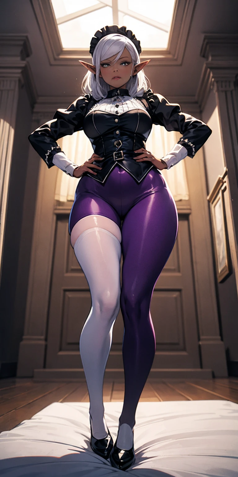 leather collar, Maid outfit victorian, female full body, view from below, wide hips, kneel on the sheet in bed. purple skin, drow elf