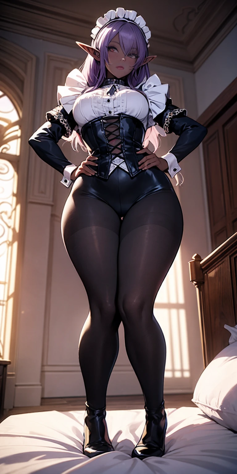 leather collar, Maid outfit victorian, female full body, view from below, wide hips, kneel on the sheet in bed. purple skin, drow elf