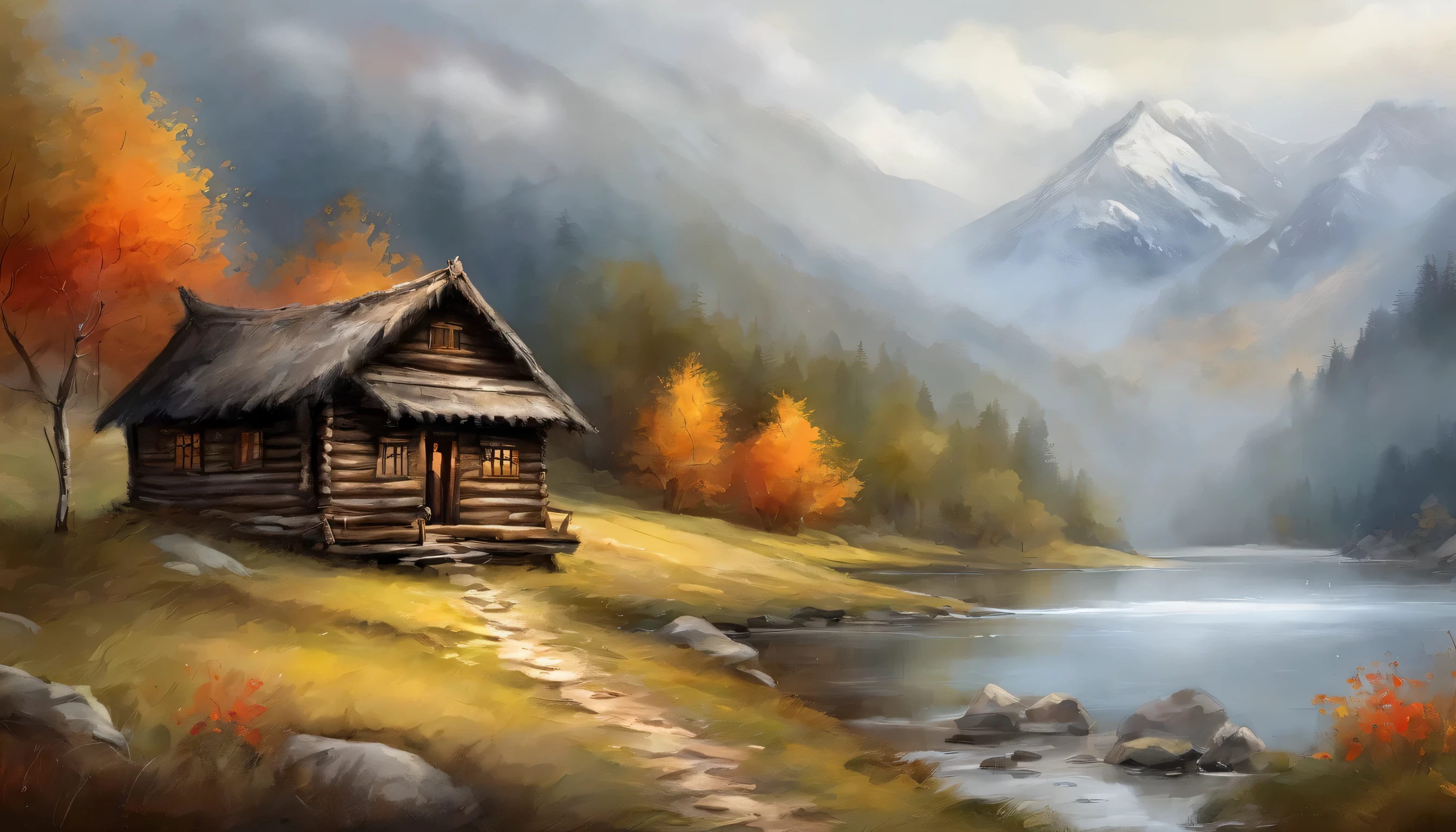 ink wash style，winter day、lakes、snow mountains、 Old Cabin near The tree、grassy fields、Rochas、hot onsen、hydrosphere、（illustratio：1.0）、Epic composition、Realistic lighting、high definition detail、tmasterpiece、Best quality，（非常详细的 CG 统一 8k 壁纸）