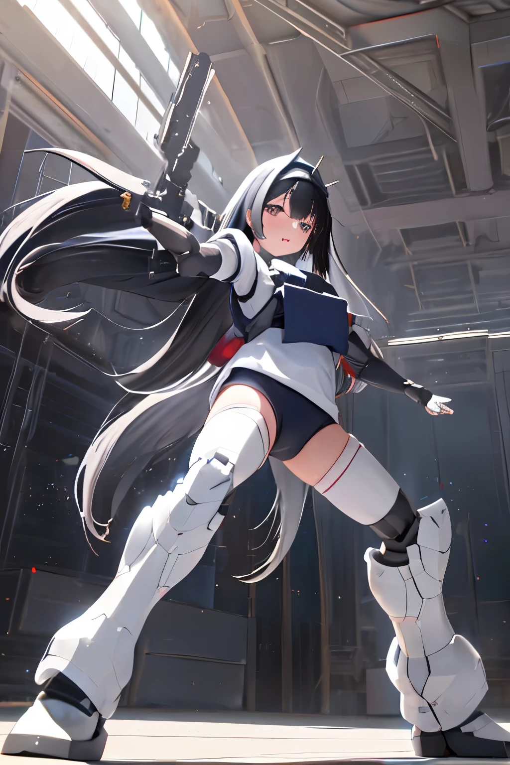 (highest quality)), ((masterpiece)), (very detailed: 1.3), 3D, {(1  girl)}, (wear navy buruma and white gym uniform with colored hem under armor:1.2), (black hair:1.5), wears a futuristic Gundam mecha,(Heavily Armored Gundam), with headgear, with v-fin , armored shoulders,armored under arms, armored under legs, short sleeve, multilayer textureperfect proportions, octane rendering, duotone lighting, Low ISO, wide aperture, White balance, Rule of thirds, ultra HD16k, HDR (High Dynamic Range), Ray Tracing, NVIDIA RTX, Super Resolution, Subsurface Scattering, PBR Texturing, Post Processing, Anisotropic Filtering, Depth of Field, Maximum Clarity and Clarity, High efficiency subpixel, subpixel convolution, particles of light, light scattered, Tyndall effect, full body:1.5, battle pose, cute, (cute:1.2), (long hair:1.3),太い眉毛, 薄い色の虹彩, 大きくて輝いている黒い瞳, 長いまつげ, 小さく薄い色の自然な唇, (Average face of Japanese idols), (日本人特有の童顔:1.3), (baby おでこ:1.2, ふっくらした頬, 小さな顎, attached 2 huge weapons on back, in the hangar,looking at viewer,Focus on the eyes 