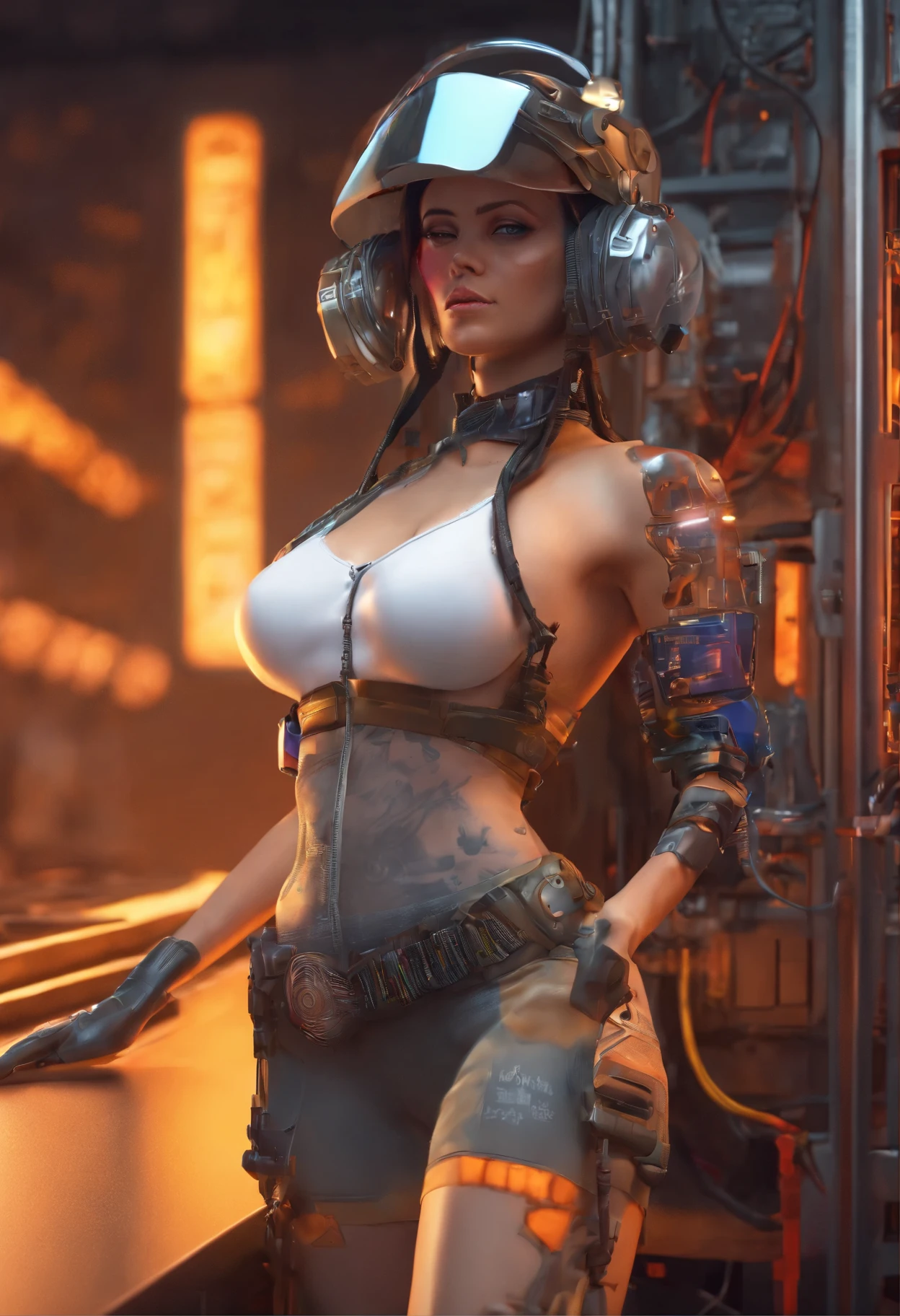 daring cyberpunk engineer with open blouse, maintaining a steamy device