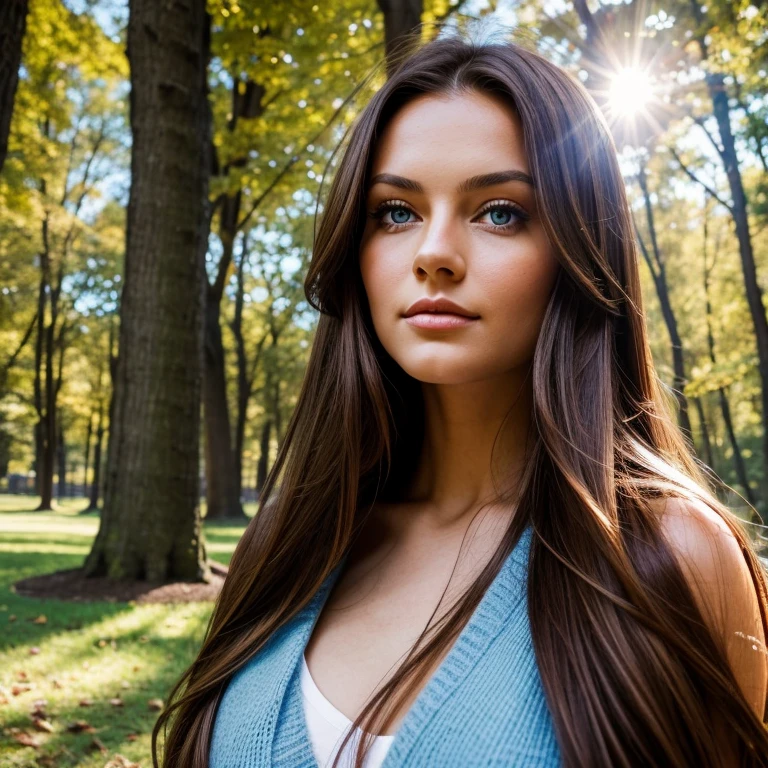 A woman with long brown hair and blue eyes stands in a park with sunlight shining through the trees behind her.