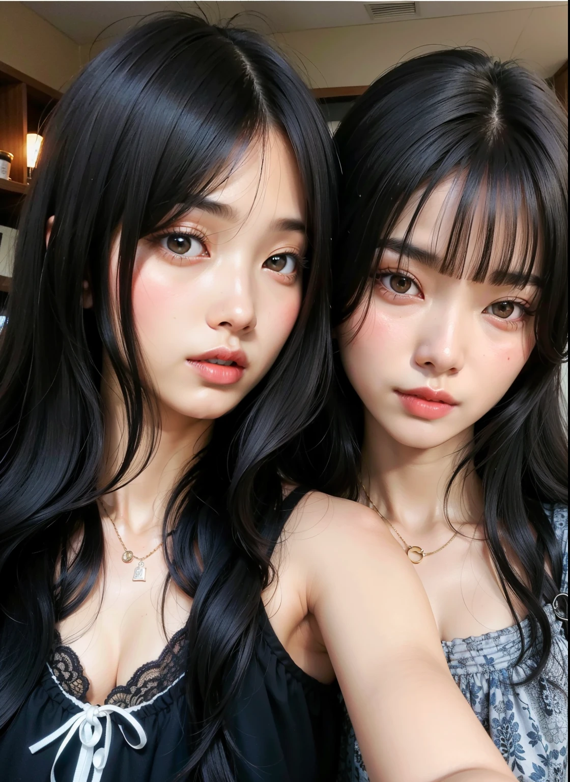 Two Asian women with long black hair posing for a photo, Ulzzang, she has black hair com franja, com preto, Lalisa Manobal, com franja, franja preta, Yoshitomo Nara e Aya Takano, corte de cabelo preto hime, long black hair com franja, Korean facial features, com franja completa, cabelo preto com franja